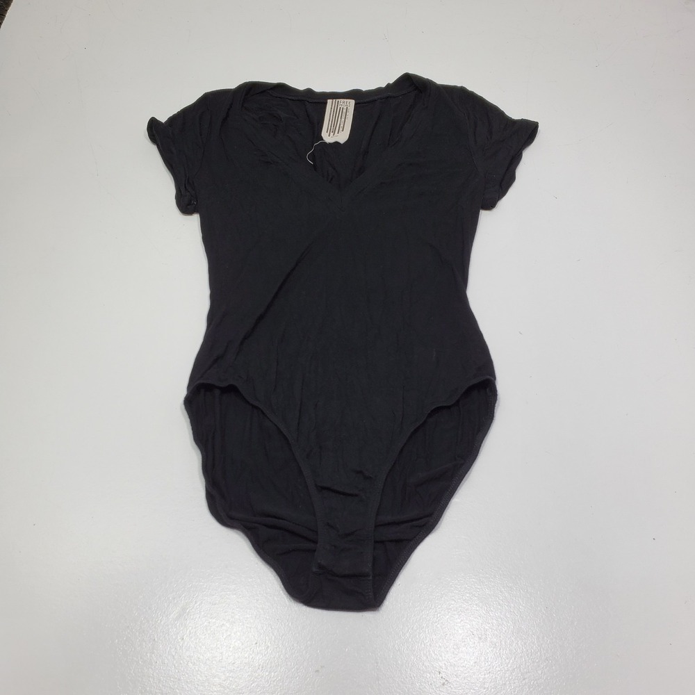 Free People Womens Bodysuit Size Medium Black V- Neck Short Sleeve Lightweight